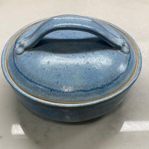 Pottery Tortilla Warmer Light Blue Handmade with Dark Blue Rim Detail